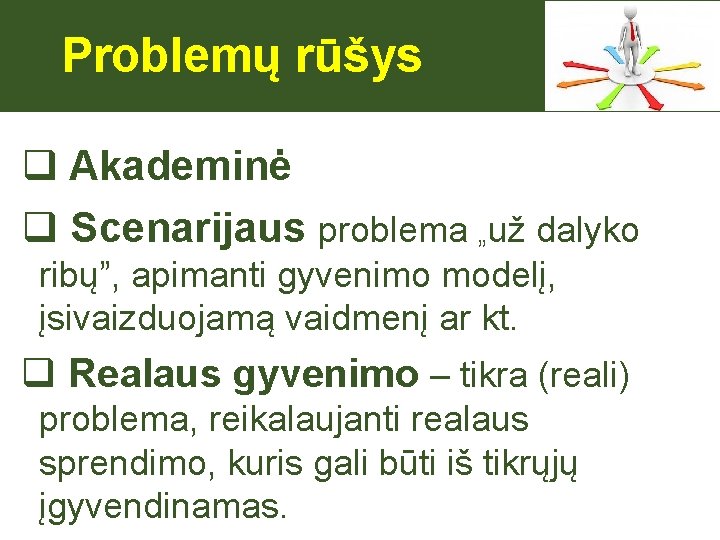  Problemų rūšys q Akademinė q Scenarijaus problema „už dalyko ribų”, apimanti gyvenimo modelį,