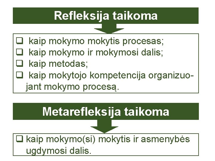 Refleksija taikoma q kaip mokymo mokytis procesas; q kaip mokymo ir mokymosi dalis; q