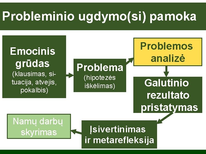 Probleminio ugdymo(si) pamoka Emocinis grūdas (klausimas, situacija, atvejis, pokalbis) Namų darbų skyrimas Problema (hipotezės