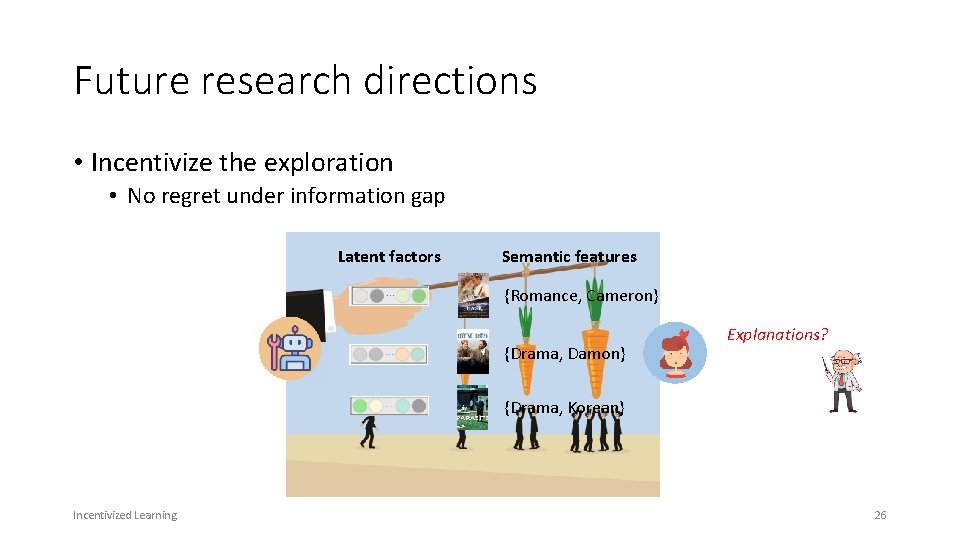 Future research directions • Incentivize the exploration • No regret under information gap Latent