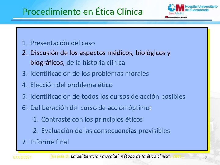 Procedimiento en Ética Clínica 1. Presentación del caso 2. Discusión de los aspectos médicos,