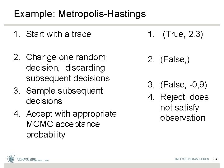 Example: Metropolis-Hastings 1. Start with a trace 1. (True, 2. 3) 2. Change one