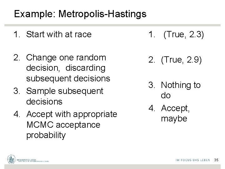 Example: Metropolis-Hastings 1. Start with at race 1. (True, 2. 3) 2. Change one