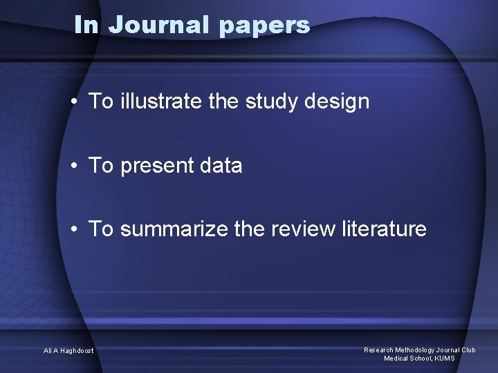 In Journal papers • To illustrate the study design • To present data •