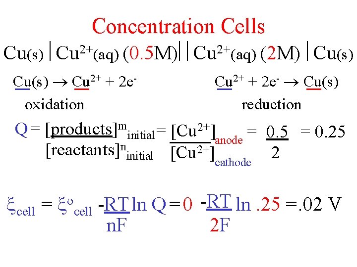 Concentration Cells Cu(s) Cu 2+(aq) (0. 5 M) Cu 2+(aq) (2 M) Cu(s) Cu