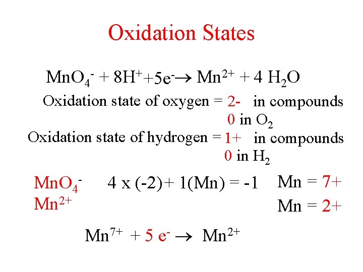 Oxidation States Mn. O 4 - + 8 H+ +5 e- Mn 2+ +