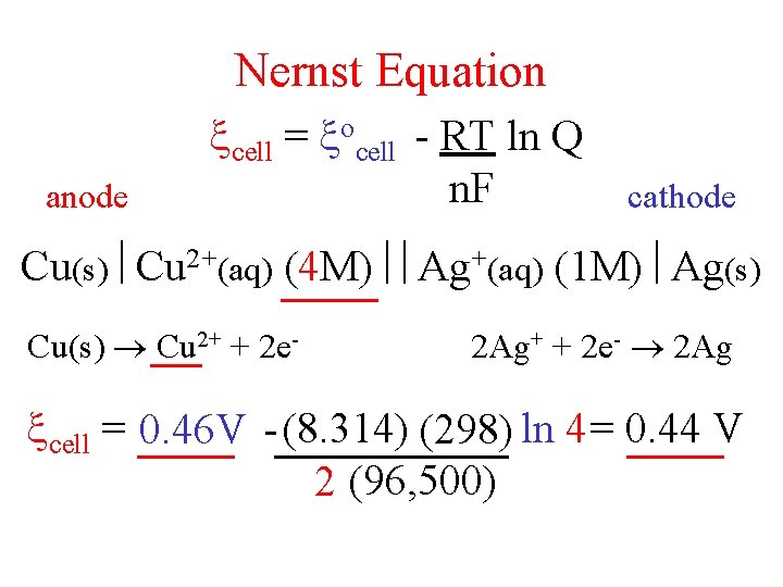 Nernst Equation anode cell = ocell - RT ln Q n. F cathode Cu(s)