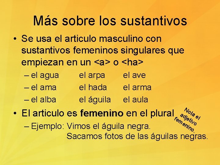 Más sobre los sustantivos • Se usa el articulo masculino con sustantivos femeninos singulares