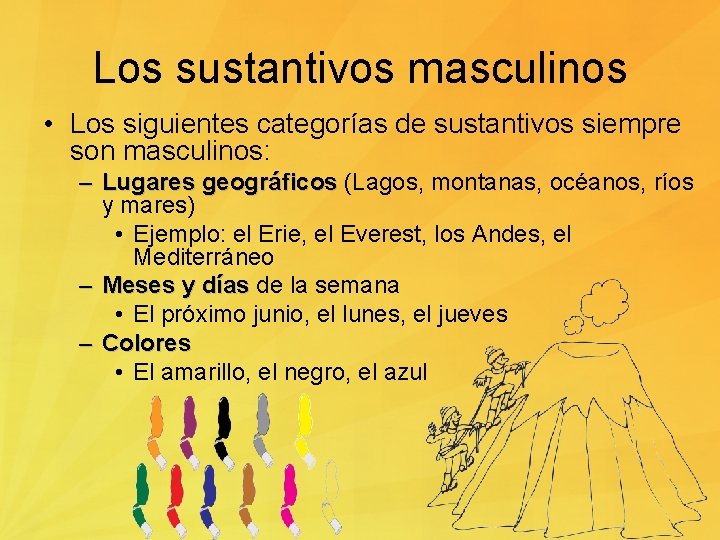 Los sustantivos masculinos • Los siguientes categorías de sustantivos siempre son masculinos: – Lugares