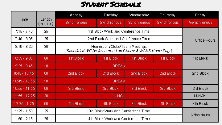 Student Schedule Monday Tuesday Wednesday Thursday Friday Synchronous Asynchronous Time Length (minutes) 7: 15