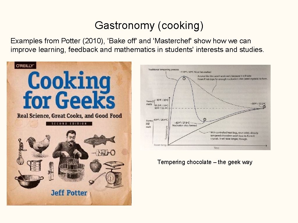 Gastronomy (cooking) Examples from Potter (2010), 'Bake off' and 'Masterchef' show we can improve