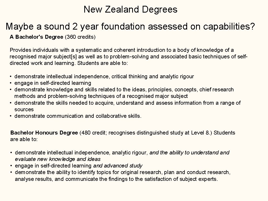 New Zealand Degrees Maybe a sound 2 year foundation assessed on capabilities? A Bachelor's