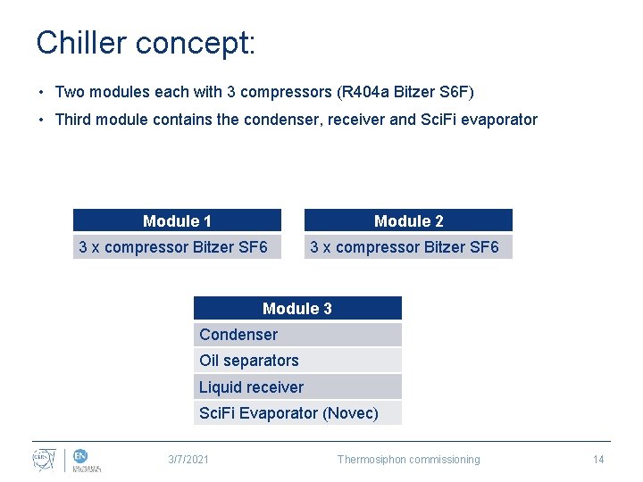 Chiller concept: • Two modules each with 3 compressors (R 404 a Bitzer S
