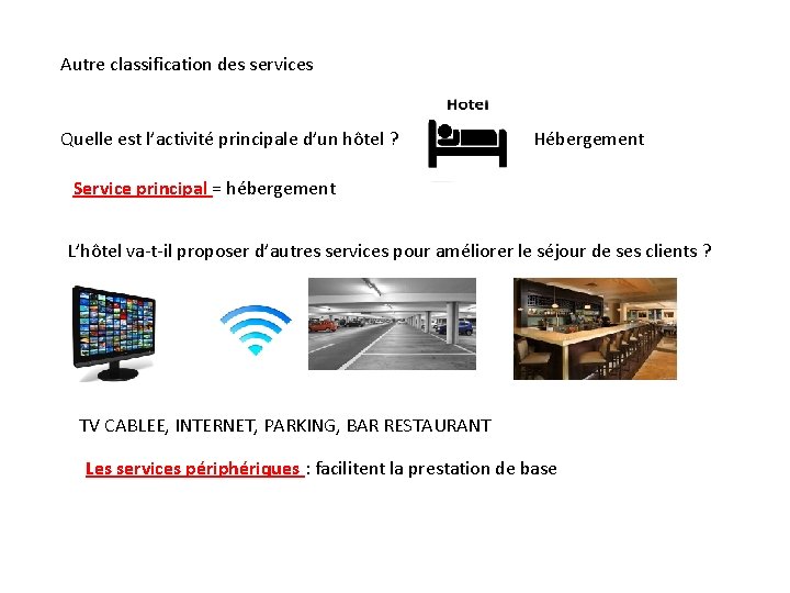 Autre classification des services Quelle est l’activité principale d’un hôtel ? Hébergement Service principal