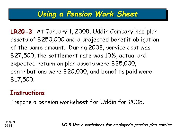 Using a Pension Work Sheet LR 20 -3 At January 1, 2008, Uddin Company