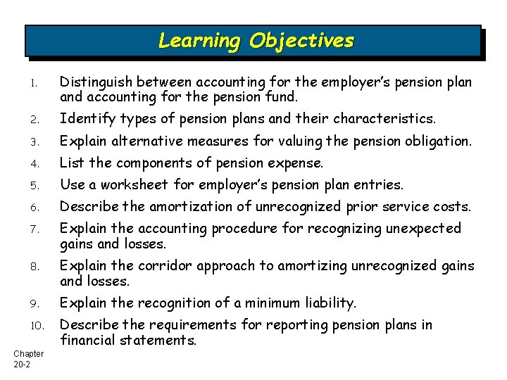 Learning Objectives 1. Distinguish between accounting for the employer’s pension plan and accounting for