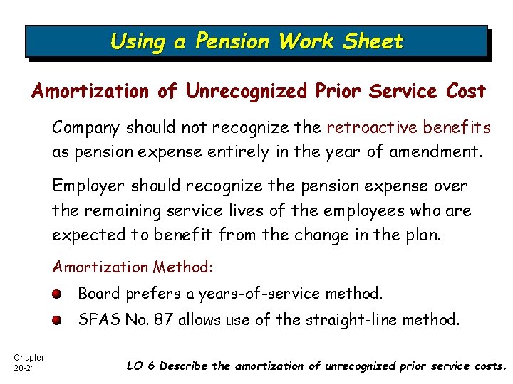 Using a Pension Work Sheet Amortization of Unrecognized Prior Service Cost Company should not
