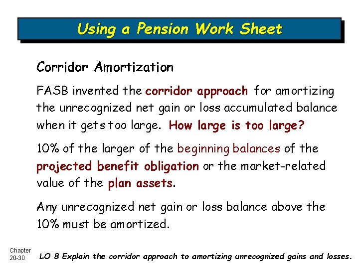 Using a Pension Work Sheet Corridor Amortization FASB invented the corridor approach for amortizing