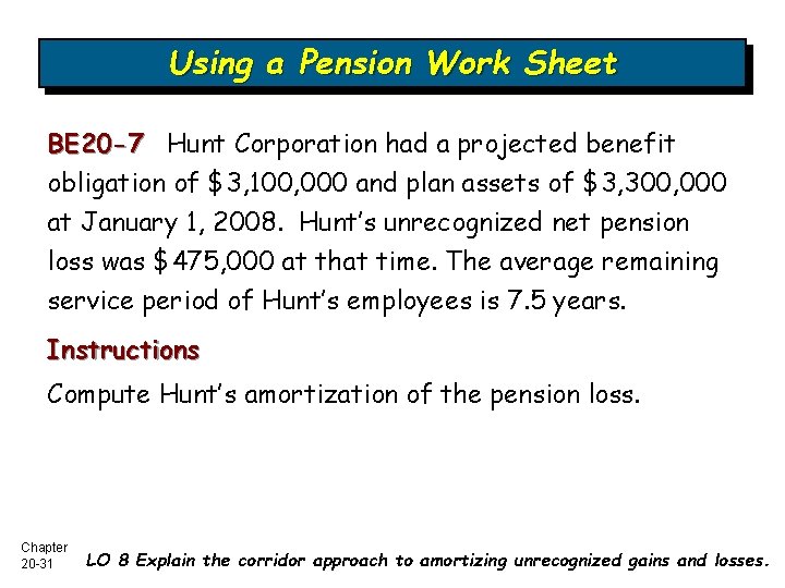 Using a Pension Work Sheet BE 20 -7 Hunt Corporation had a projected benefit