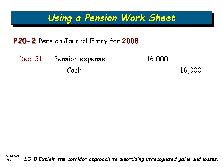 Using a Pension Work Sheet P 20 -2 Pension Journal Entry for 2008 Dec.