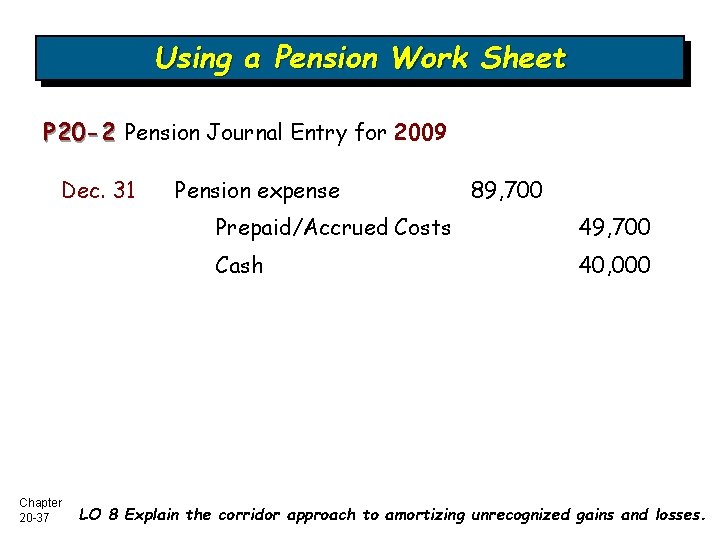 Using a Pension Work Sheet P 20 -2 Pension Journal Entry for 2009 Dec.