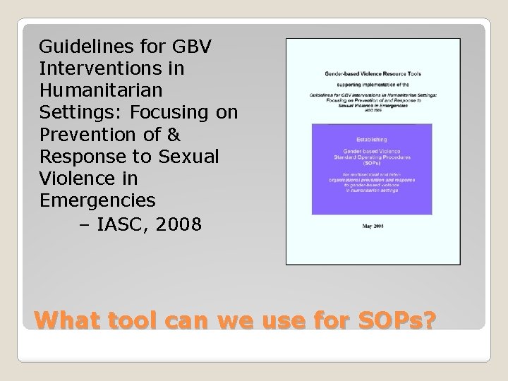 Guidelines for GBV Interventions in Humanitarian Settings: Focusing on Prevention of & Response to