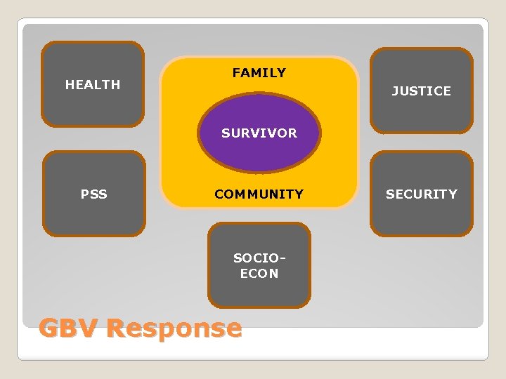 HEALTH FAMILY JUSTICE SURVIVOR PSS COMMUNITY SOCIOECON GBV Response SECURITY 