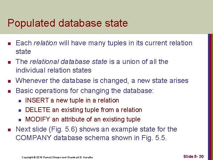 Populated database state n n Each relation will have many tuples in its current