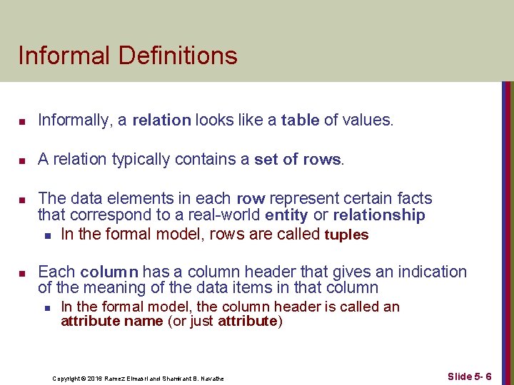 Informal Definitions n Informally, a relation looks like a table of values. n A