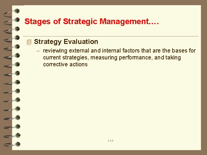 Stages of Strategic Management…. 4 Strategy Evaluation – reviewing external and internal factors that