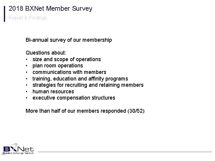 2018 BXNet Member Survey Report & Findings Bi-annual survey of our membership Questions about: