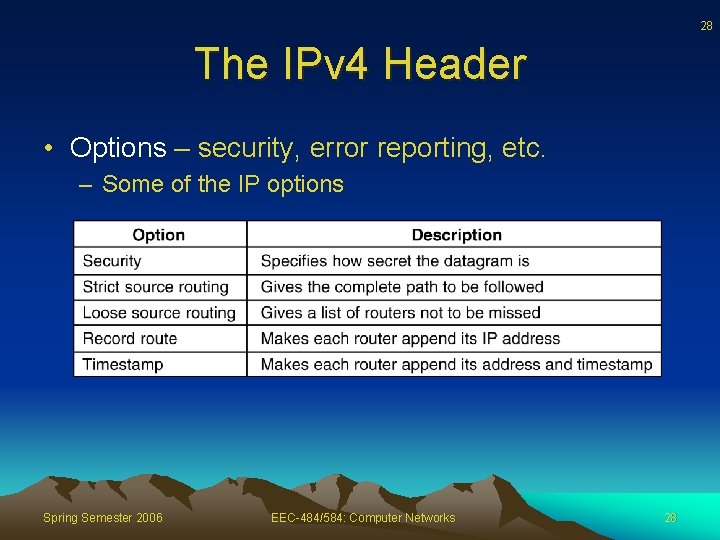 28 The IPv 4 Header • Options – security, error reporting, etc. – Some