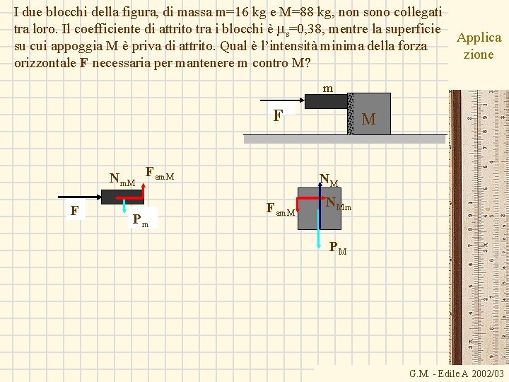 I due blocchi della figura, di massa m=16 kg e M=88 kg, non sono