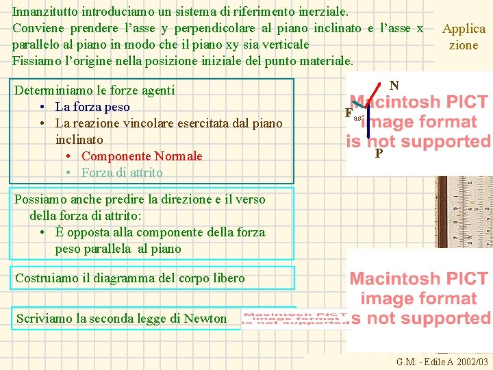 Innanzitutto introduciamo un sistema di riferimento inerziale. Conviene prendere l’asse y perpendicolare al piano