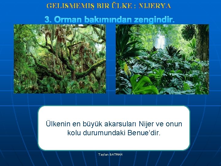 GELISMEMIŞ BIR ÜLKE : NIJERYA 3. Orman bakımından zengindir. Ülkenin en büyük akarsuları Nijer