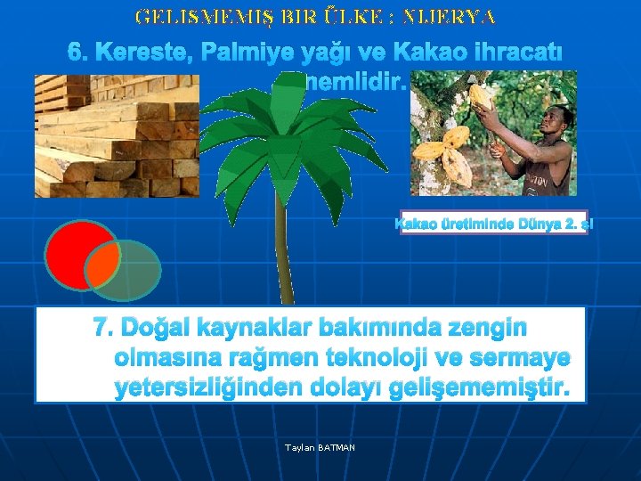 GELISMEMIŞ BIR ÜLKE : NIJERYA 6. Kereste, Palmiye yağı ve Kakao ihracatı önemlidir. Kakao