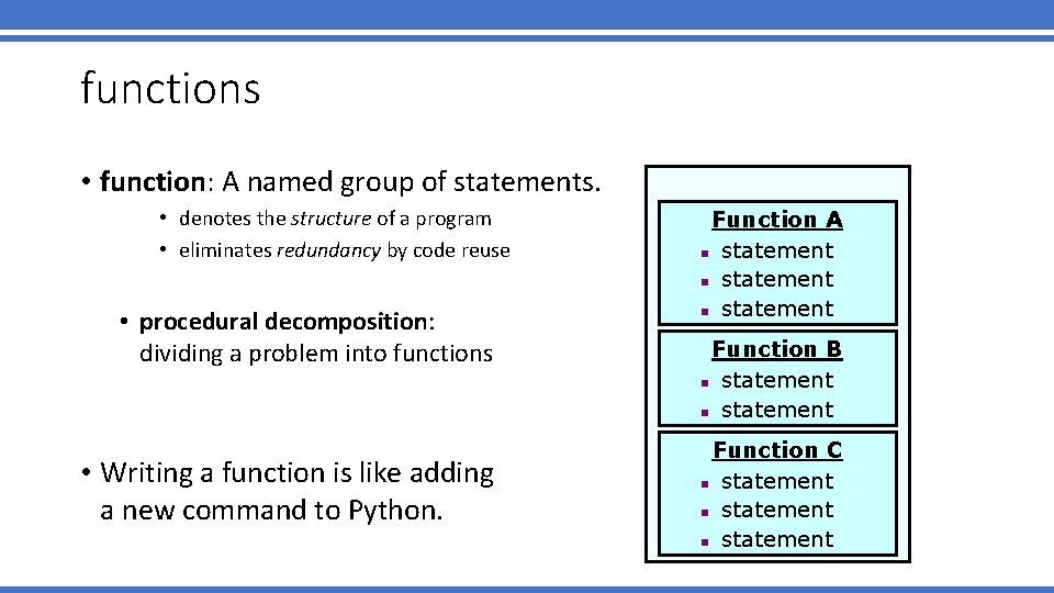 functions • function: A named group of statements. • denotes the structure of a functions • function: A named group of statements. • denotes the structure of a