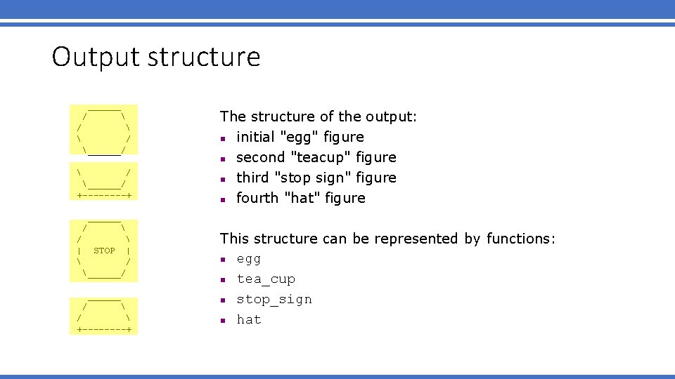 Output structure ______ / / ______/ +----+ The structure of the output: Output structure ______ / / ______/ +----+ The structure of the output:
