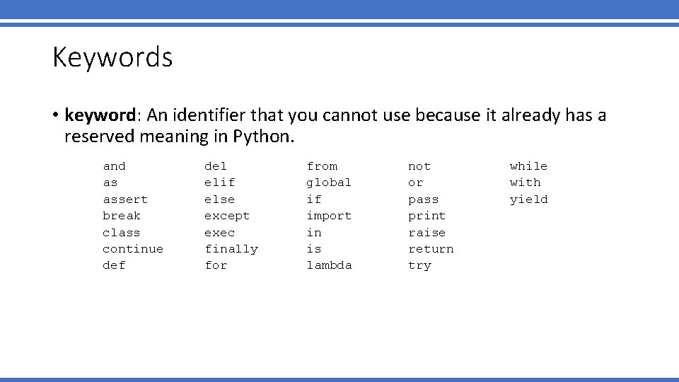 Keywords • keyword: An identifier that you cannot use because it already has a Keywords • keyword: An identifier that you cannot use because it already has a
