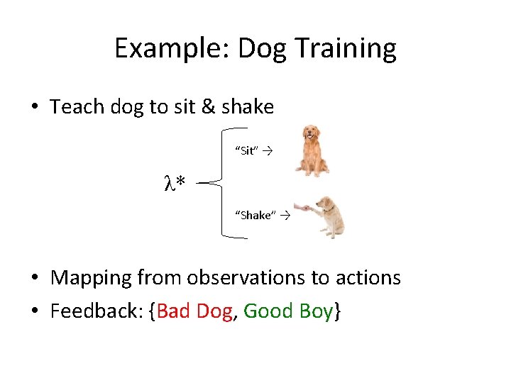 Example: Dog Training • Teach dog to sit & shake “Sit” → λ* “Shake”