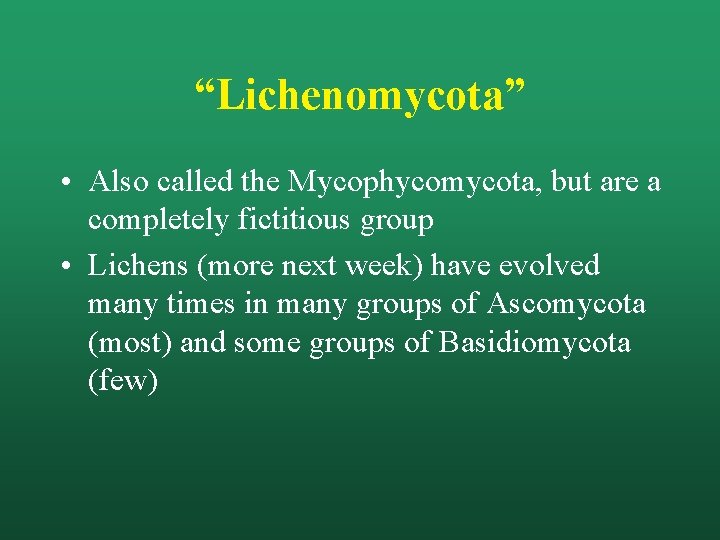 “Lichenomycota” • Also called the Mycophycomycota, but are a completely fictitious group • Lichens