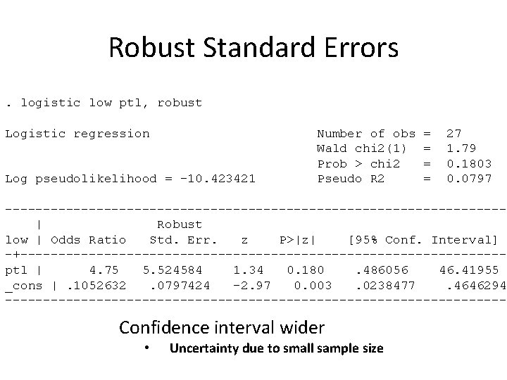 Robust Standard Errors. logistic low ptl, robust Logistic regression Log pseudolikelihood = -10. 423421