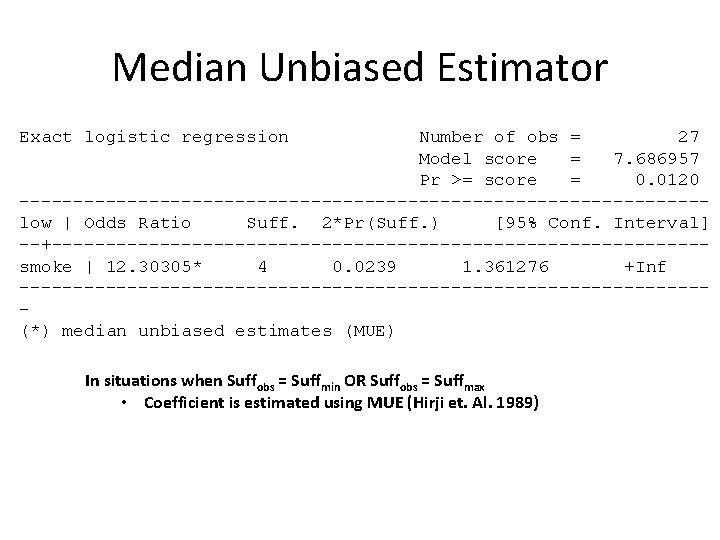 Median Unbiased Estimator Exact logistic regression Number of obs = 27 Model score =