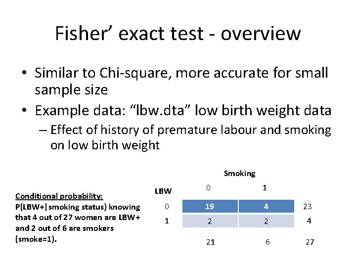 Fisher’ exact test - overview • Similar to Chi-square, more accurate for small sample