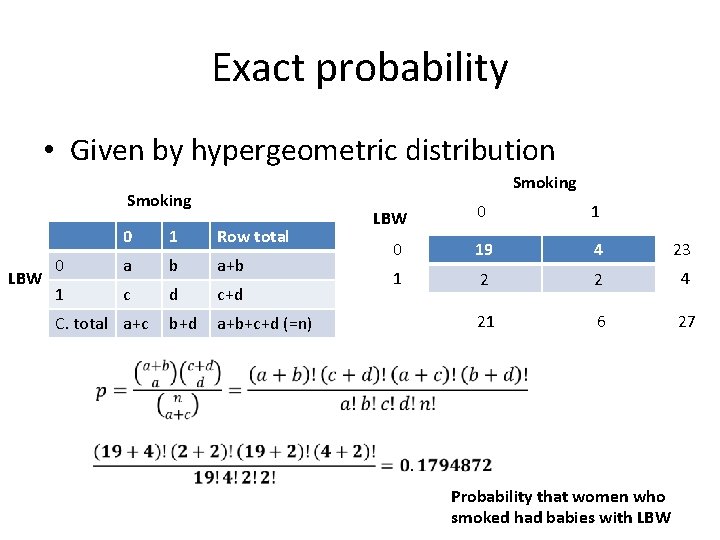 Exact probability • Given by hypergeometric distribution Smoking LBW 0 1 Row total 0