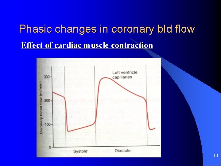 Phasic changes in coronary bld flow Effect of cardiac muscle contraction 10 