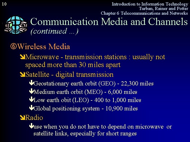 10 Introduction to Information Technology Turban, Rainer and Potter Chapter 6 Telecommunications and Networks