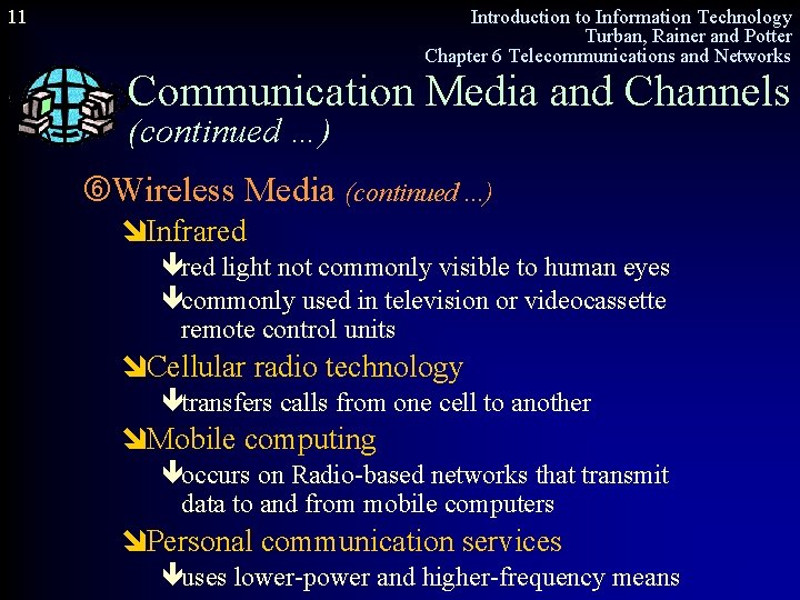 11 Introduction to Information Technology Turban, Rainer and Potter Chapter 6 Telecommunications and Networks