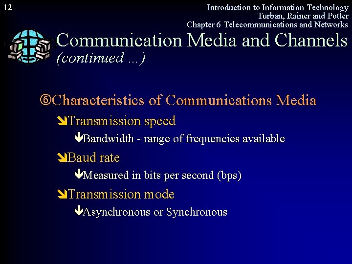 12 Introduction to Information Technology Turban, Rainer and Potter Chapter 6 Telecommunications and Networks