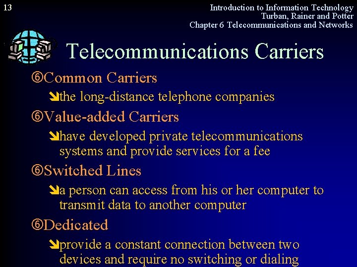 13 Introduction to Information Technology Turban, Rainer and Potter Chapter 6 Telecommunications and Networks